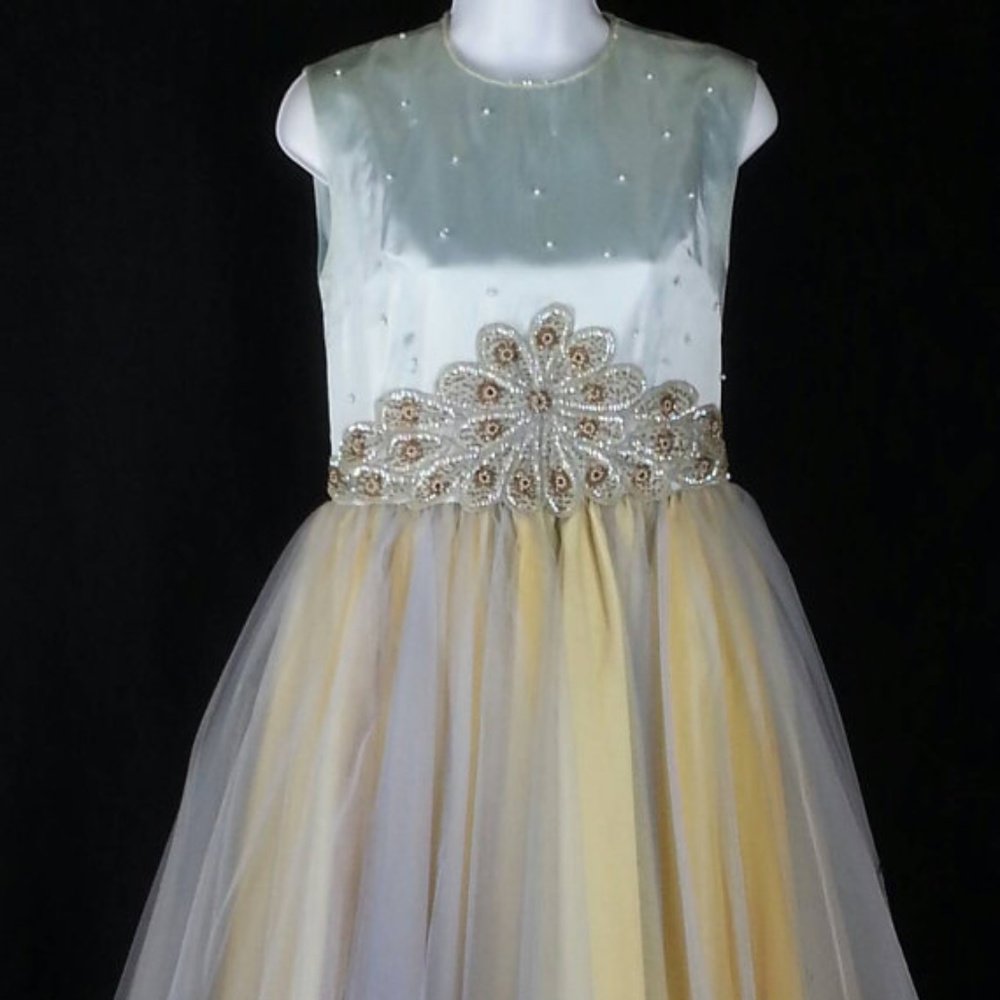 Vtg beaded dress gold blue grey tulle satin